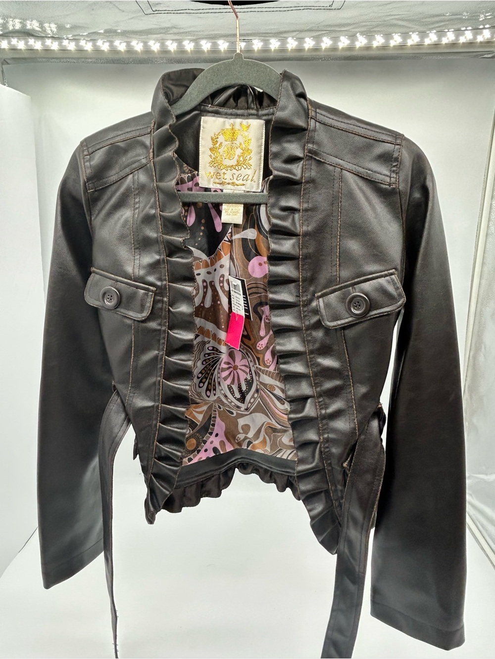 Vintage Wet Seal Brown Faux Leather Ruffle Jacket size small